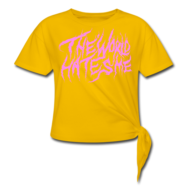 TWHM Fire Graffiti Pink Letter Women's Knotted T-Shirt - sun yellow