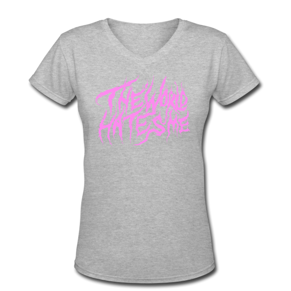 TWHM Fire Graffiti Pink Letter Women's V-Neck T-Shirt - gray