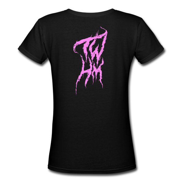 TWHM Fire Graffiti Pink Letter Women's V-Neck T-Shirt - black