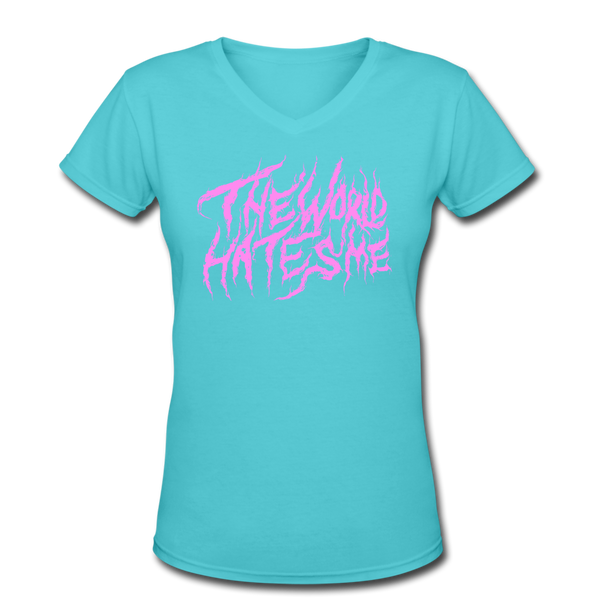 TWHM Fire Graffiti Pink Letter Women's V-Neck T-Shirt - aqua