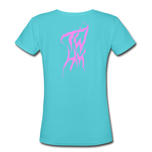 TWHM Fire Graffiti Pink Letter Women's V-Neck T-Shirt - aqua