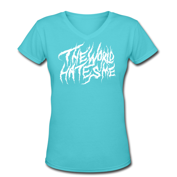 TWHM Fire Graffiti White Letter Women's V-Neck T-Shirt - aqua