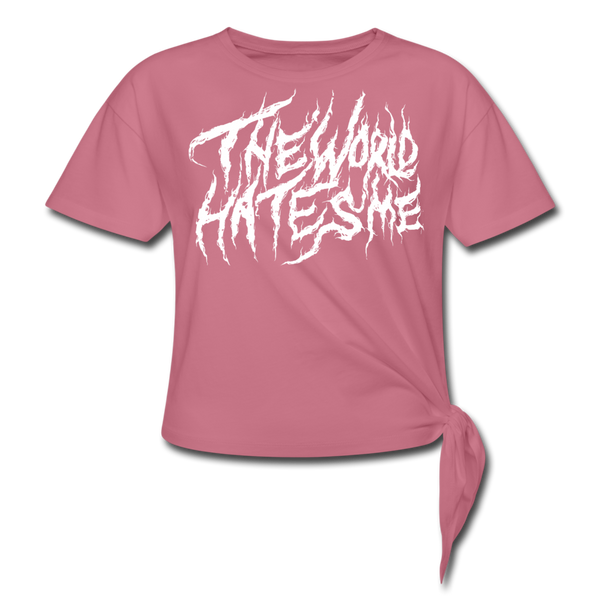 TWHM Fire Graffiti White Letter Women's Knotted T-Shirt - mauve