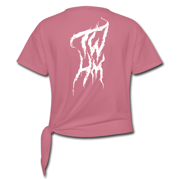 TWHM Fire Graffiti White Letter Women's Knotted T-Shirt - mauve