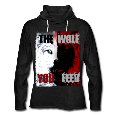 GAM The Wolf You Feed Double Hood Print Unisex Lightweight Terry Hoodie - charcoal gray