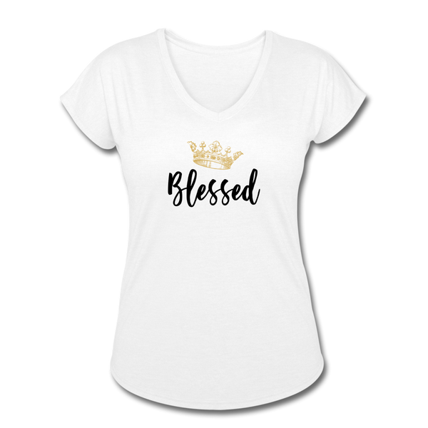 KreativeK TWHM Collab Blessed Signature Edition Women's Tri-Blend V-Neck T-Shirt - white