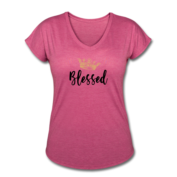 KreativeK TWHM Collab Blessed Signature Edition Women's Tri-Blend V-Neck T-Shirt - heather raspberry