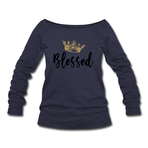 KreativeK TWHM Collab Blessed Signature Edition Women's Premium Bella + Canvas Wideneck Sweatshirt - melange navy