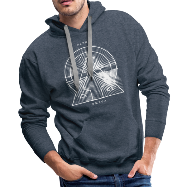 Alpha + Omega White Men’s Premium Hoodie - heather denim
