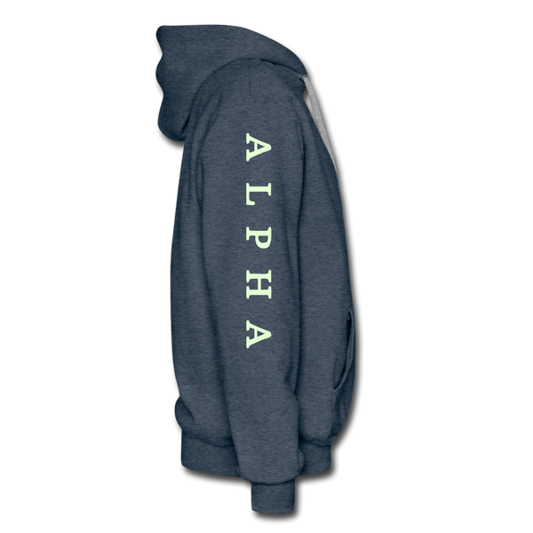 Alpha + Omega White Men’s Premium Hoodie - heather denim