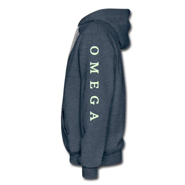 Alpha + Omega White Men’s Premium Hoodie - heather denim