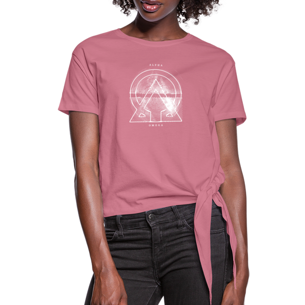 Alpha + Omega White Women's Knotted T-Shirt - mauve