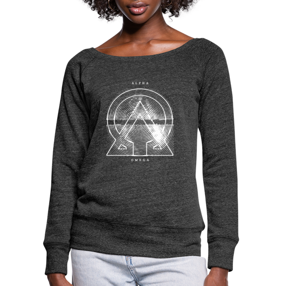 Alpha + Omega White Women's Bella + Canvas Wideneck Sweatshirt - heather black