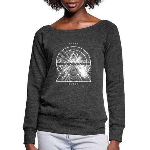 Alpha + Omega White Women's Bella + Canvas Wideneck Sweatshirt - heather black