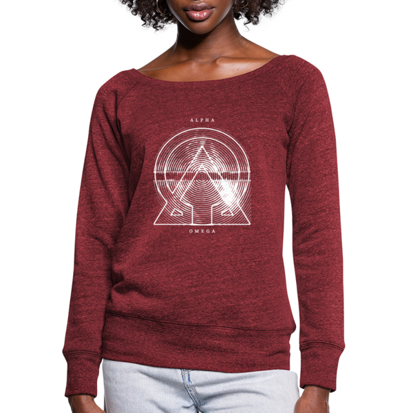 Alpha + Omega White Women's Bella + Canvas Wideneck Sweatshirt - cardinal triblend