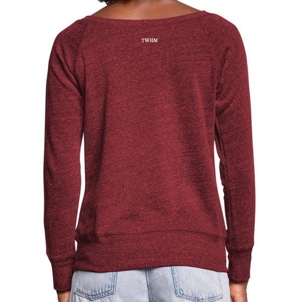 Alpha + Omega White Women's Bella + Canvas Wideneck Sweatshirt - cardinal triblend