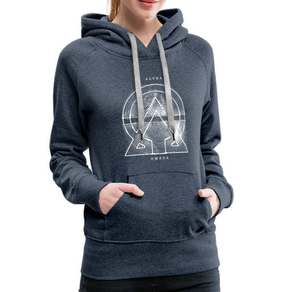 Alpha + Omega White Women’s Premium Hoodie - heather denim