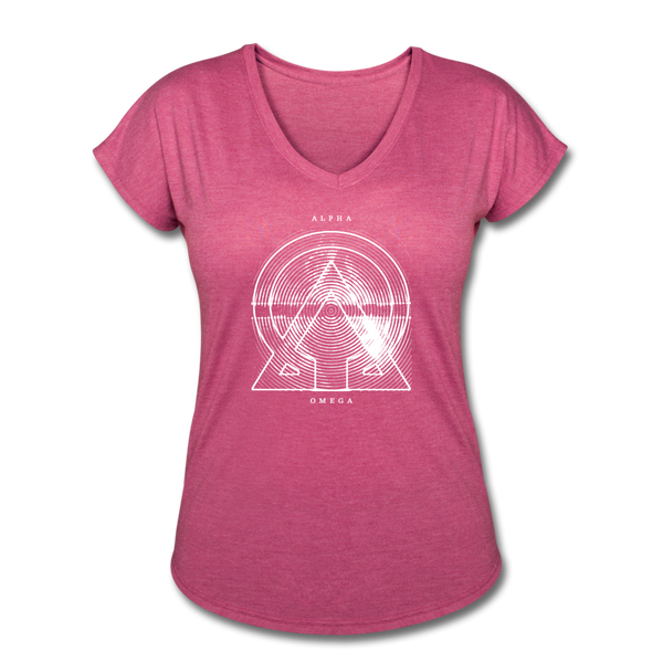 Alpha + Omega White Women's Tri-Blend V-Neck T-Shirt - heather raspberry