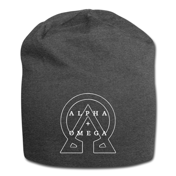 Alpha + Omega White Letter Men's Jersey Beanie - charcoal gray