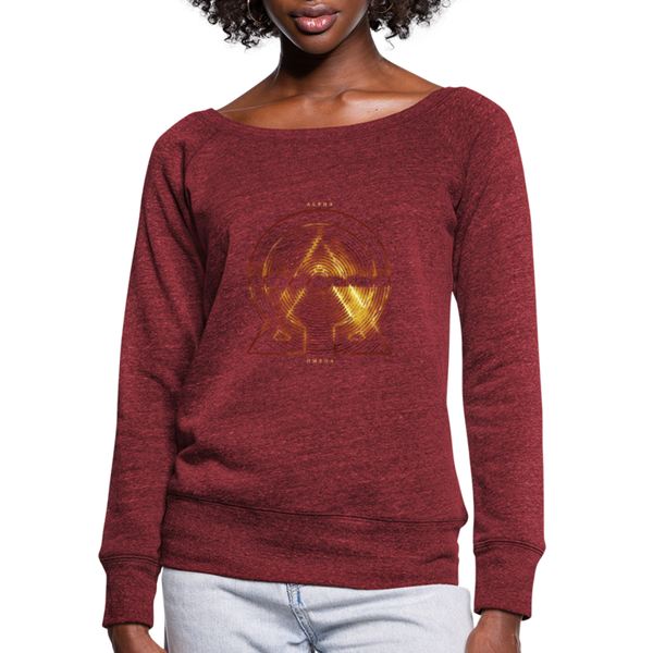 Alpha + Omega Fire Women's Bella + Canvas Wideneck Sweatshirt - cardinal triblend