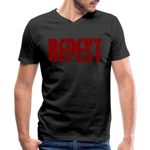 REPENT Blood Red Letter Men's Bella + Canvas V-Neck T-Shirt - black