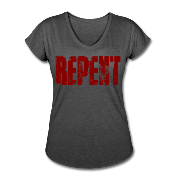 REPENT Blood Red Letter Women's Tri-Blend V-Neck T-Shirt - deep heather