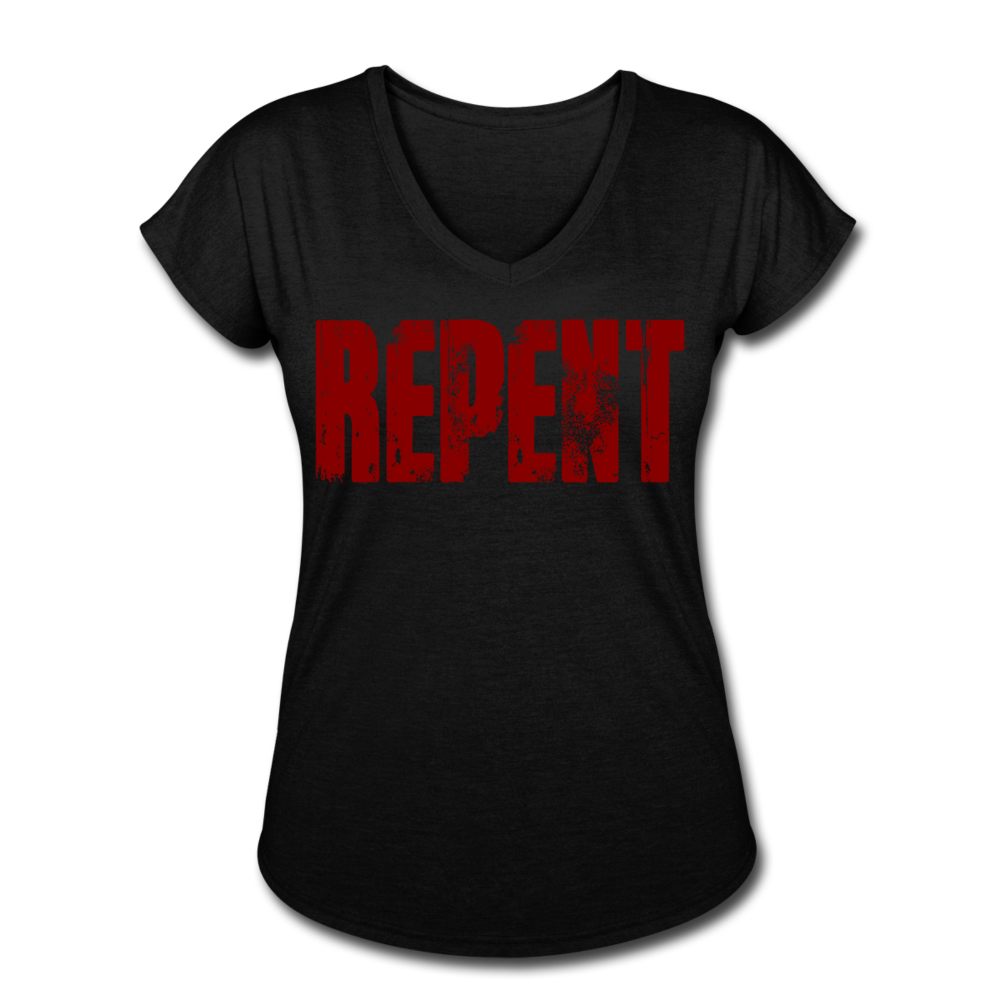 REPENT Blood Red Letter Women's Tri-Blend V-Neck T-Shirt - black