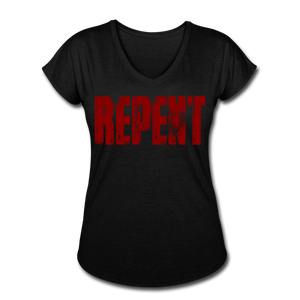 REPENT Blood Red Letter Women's Tri-Blend V-Neck T-Shirt - black