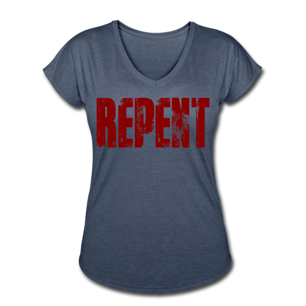 REPENT Blood Red Letter Women's Tri-Blend V-Neck T-Shirt - navy heather