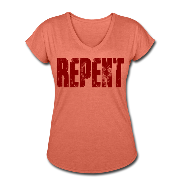 REPENT Blood Red Letter Women's Tri-Blend V-Neck T-Shirt - heather bronze